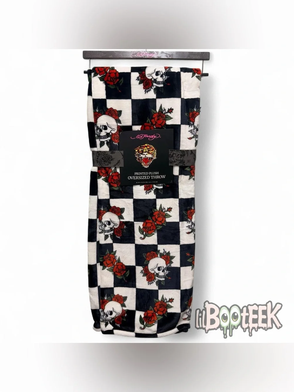 Ed Hardy Black & White Checkered Skull Rose Plush Oversized Throw Blanket